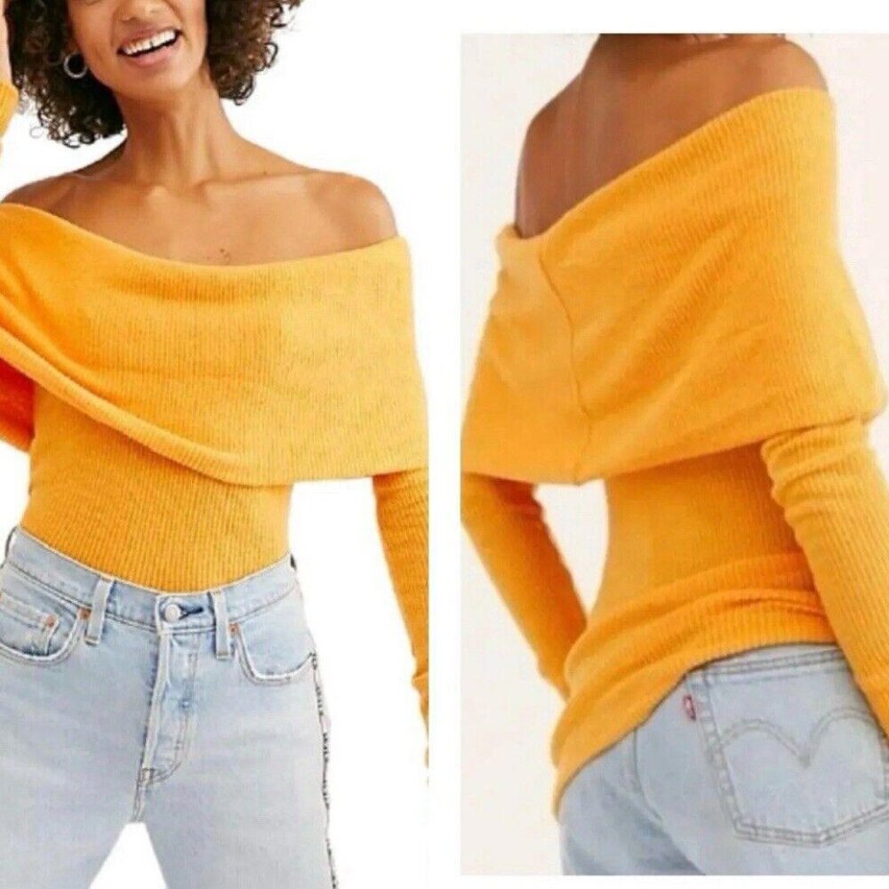 NWT Free People Snow Bunny Off the‎ Shoulder Sweater Size Cowl Neck Orange XS